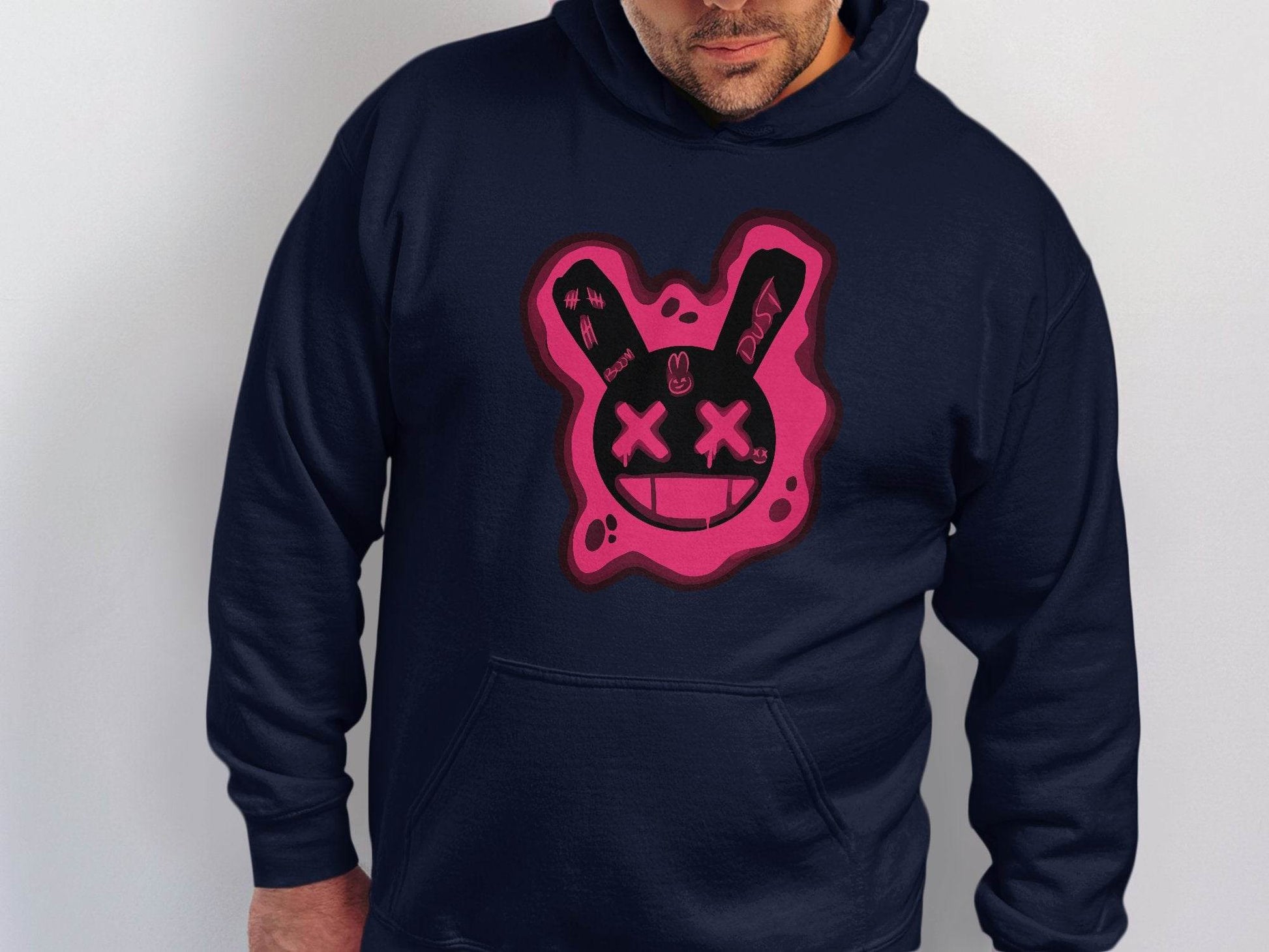 Unique Red Pink Dripping Rabbit Bunny Dead Smiley Face Graphic Hoodie - Design & Vybe
