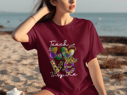 Teach Love Inspire Louisiana Heart Crown Mardi Gras T-Shirt - Design & Vybe