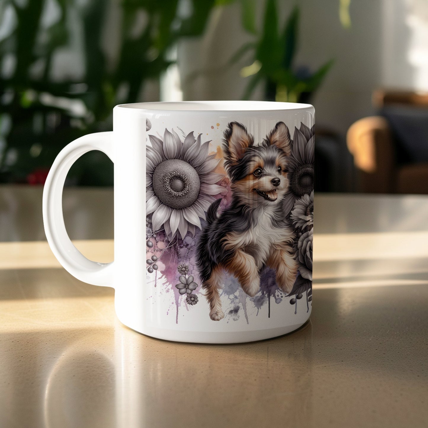 Floral Sunflower Dog Art White Ceramic Mug product