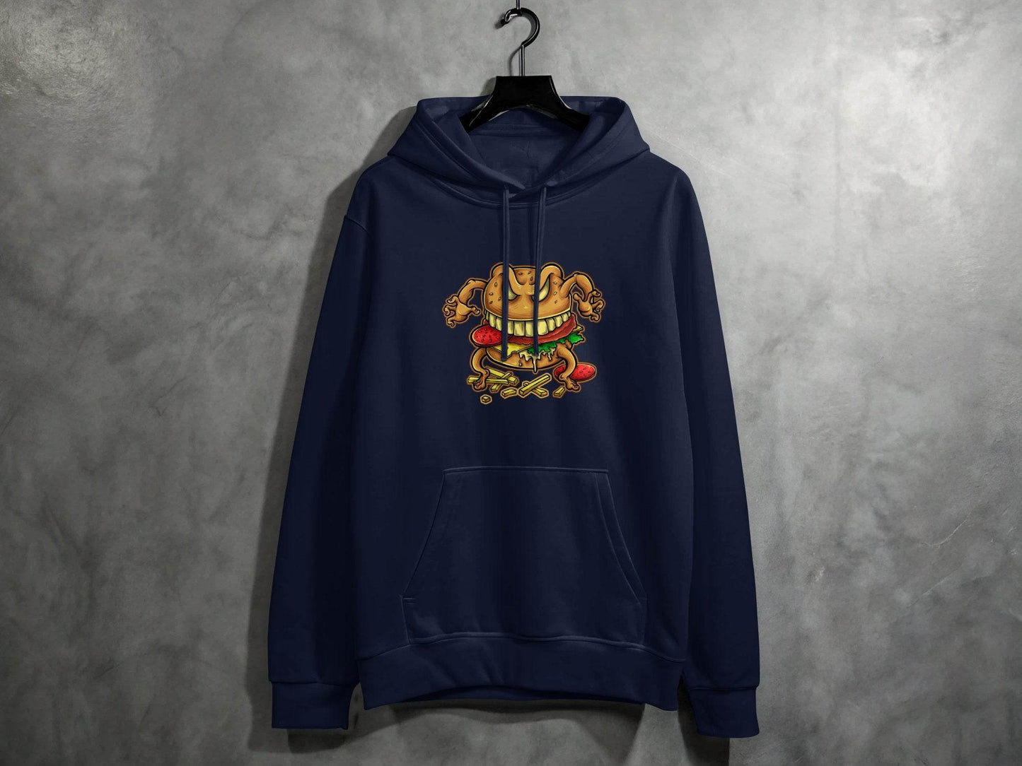 Quirky Cartoon Monster Cheeseburger Graphic Hoodie - Design & Vybe