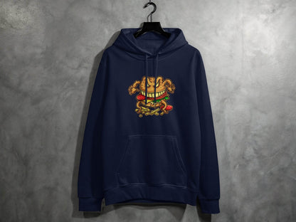 Quirky Cartoon Monster Cheeseburger Graphic Hoodie - Design & Vybe