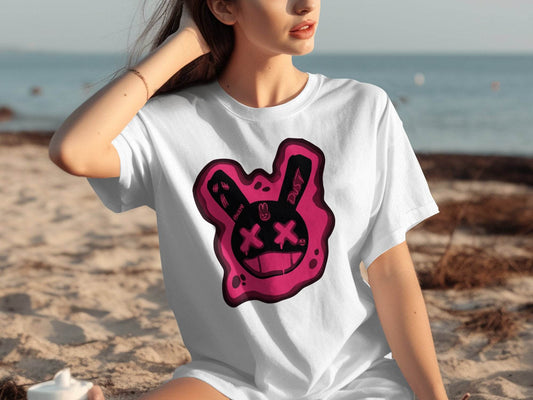 Unique Red Pink Dripping Rabbit Bunny Dead Smiley Face Graphic T-shirt - Design & Vybe