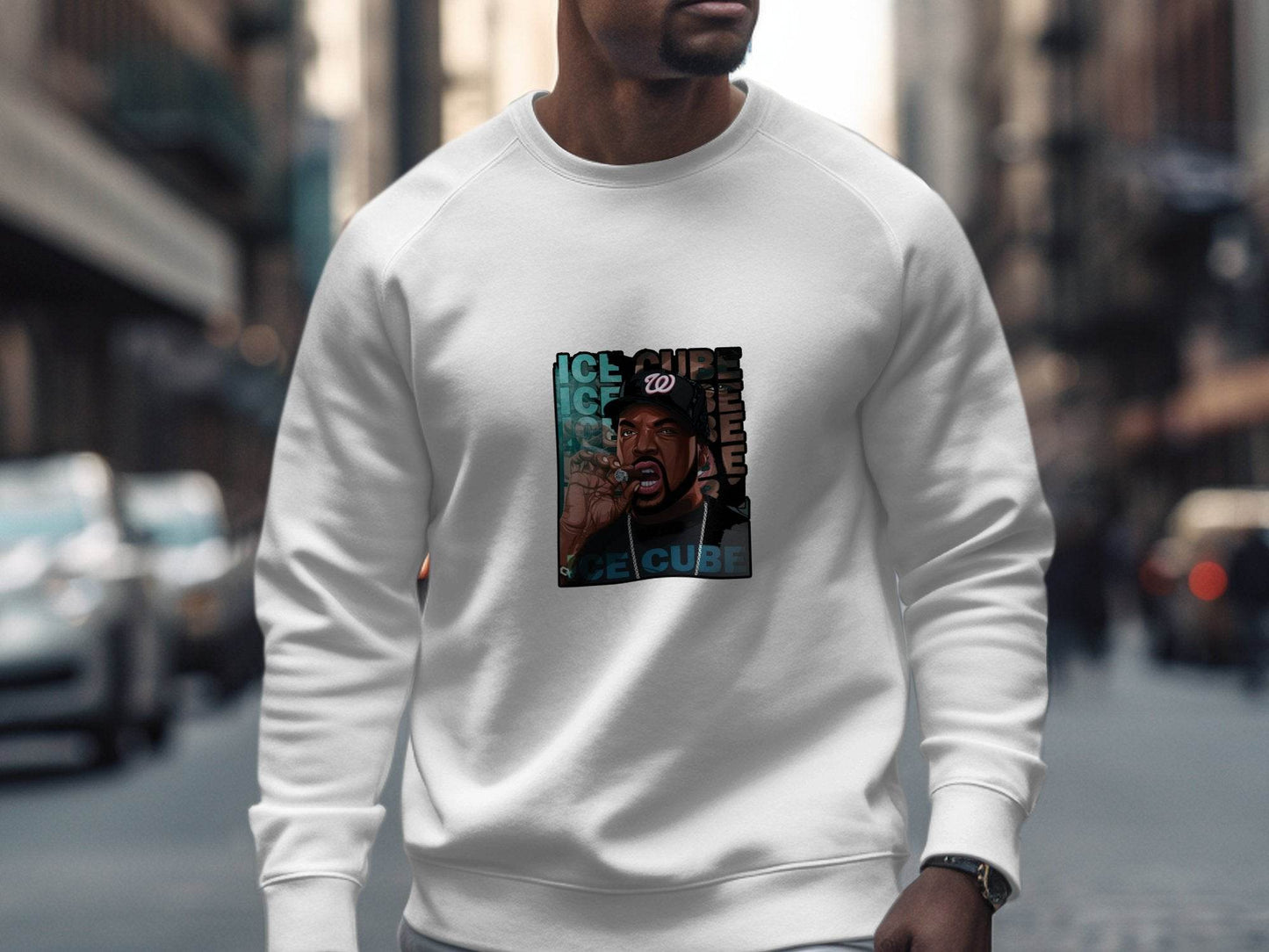 Ice Cube Smoking Cigar with Chain Portrait Art Sweater - Design & Vybe