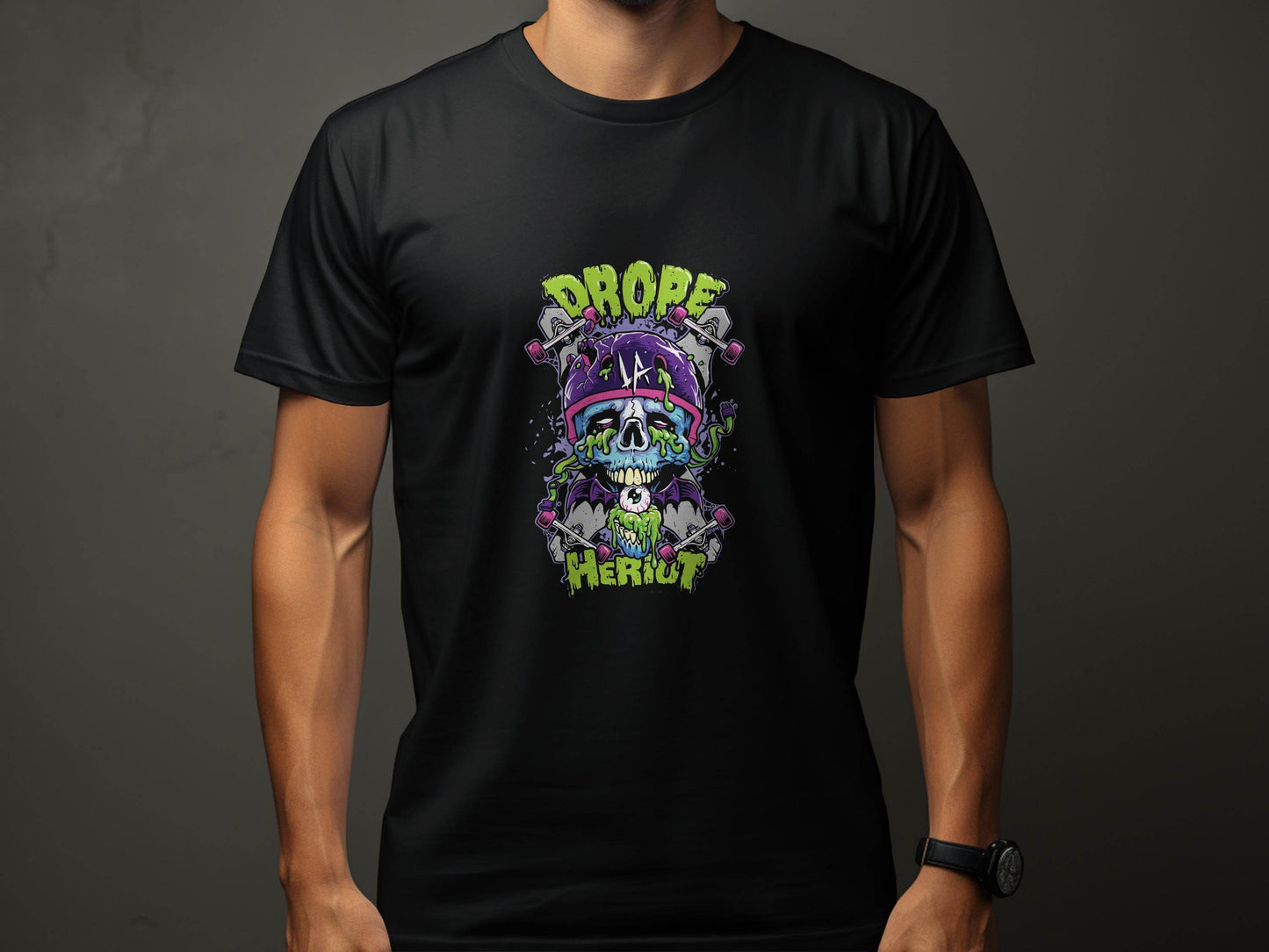 Drop Herout with Helmet and Skull Graphic Print T-Shirt - Design & Vybe