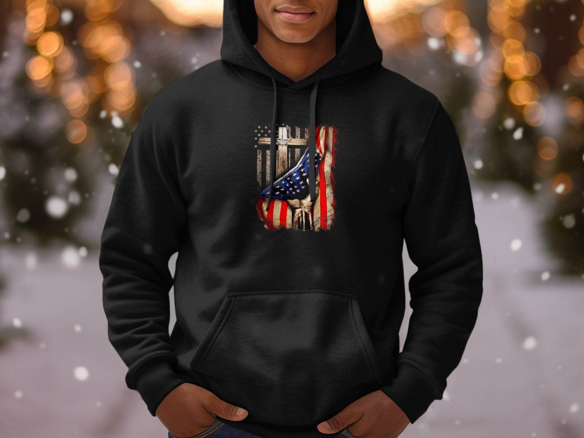 American Flag Plus Cross Held in Hand Design Hoodie - Design & Vybe