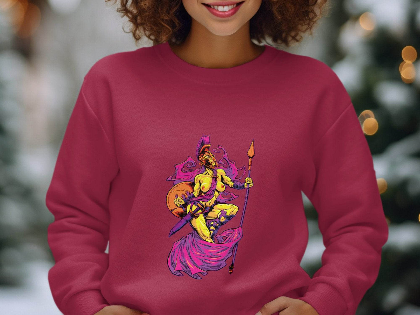 Striking Female Warrior with Spear Graphic Art Sweater - Design & Vybe