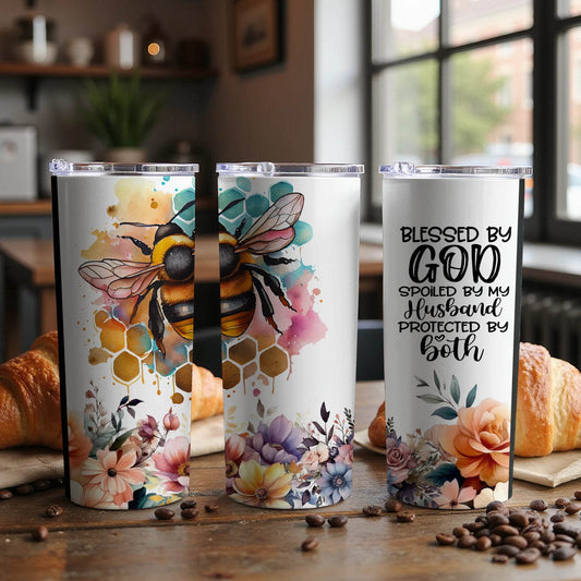 Blessed By God Spoiled By My Husband Bee Watercolor Tumbler - Design & Vybe