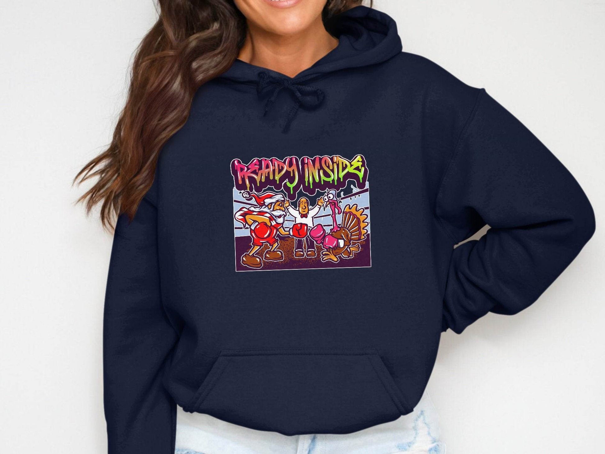 Funny Santa vs Turkey Boxing Ring Graphic Hoodie - Design & Vybe