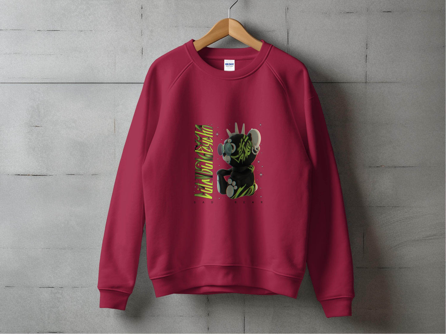 Sad Bear Black With Neon Green Graphics Design Sweater - Design & Vybe