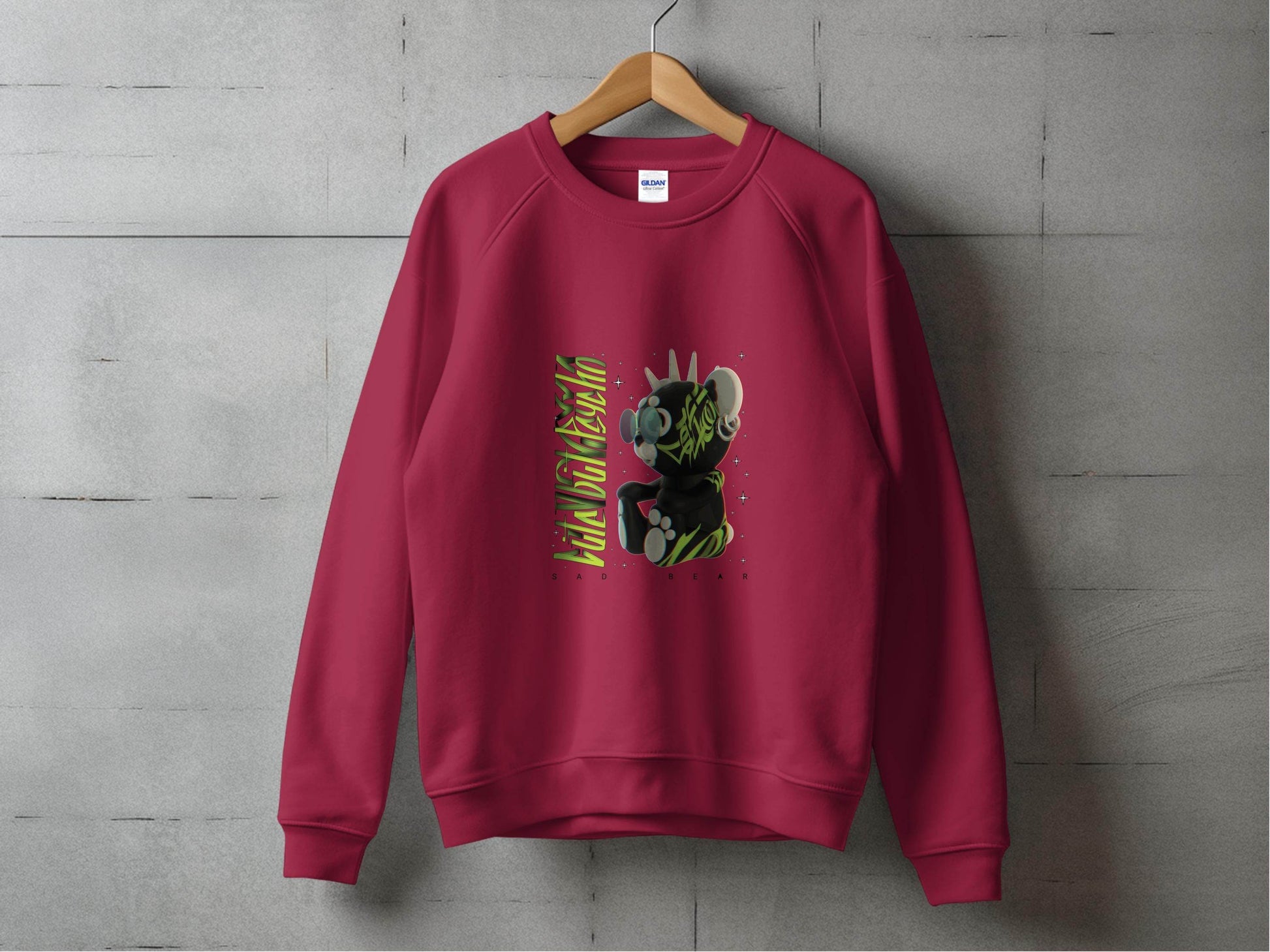 Sad Bear Black With Neon Green Graphics Design Sweater - Design & Vybe