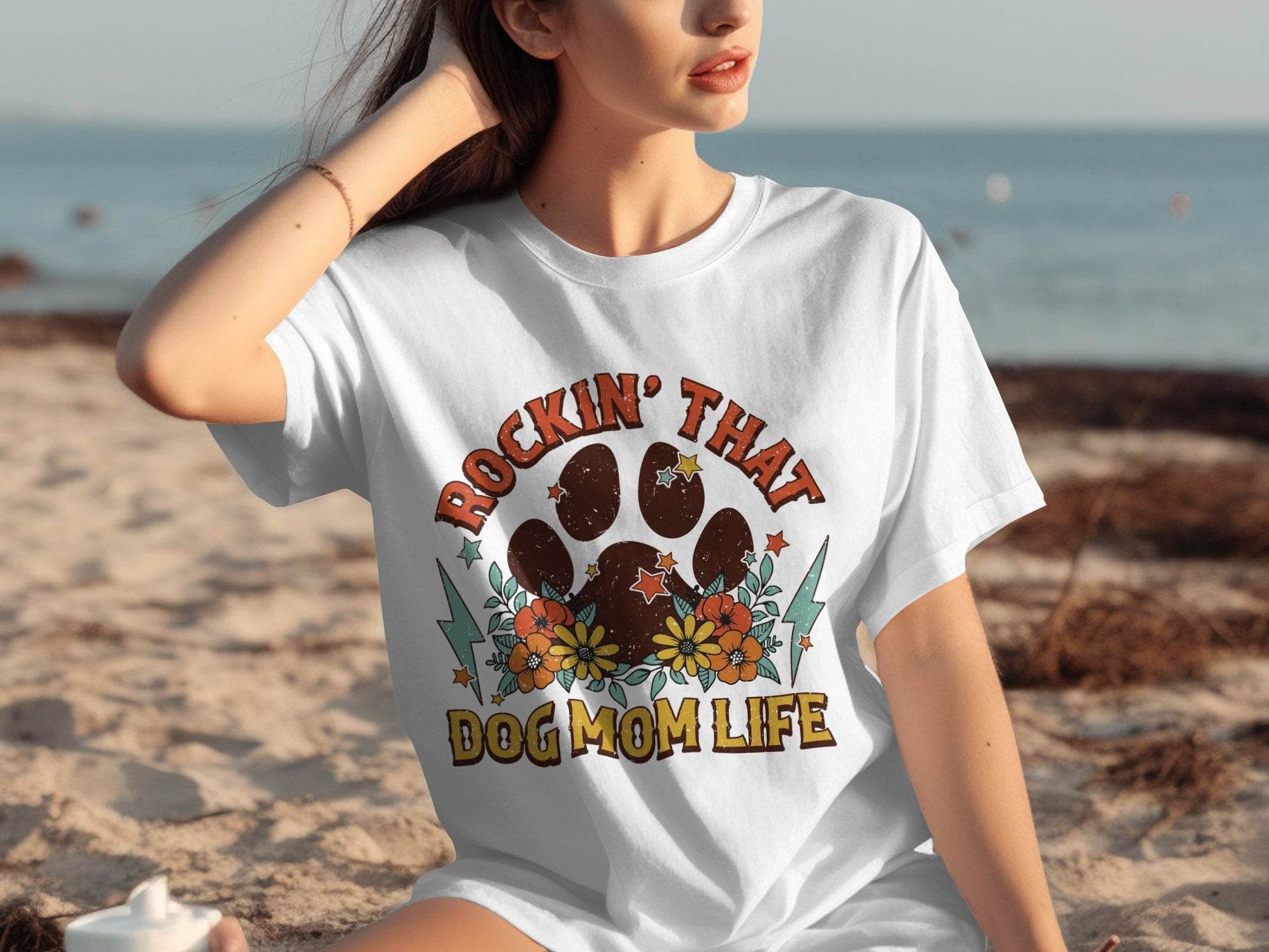 Rockin' That Dog Mom Life With Paw and Flowers T-Shirt - Design & Vybe