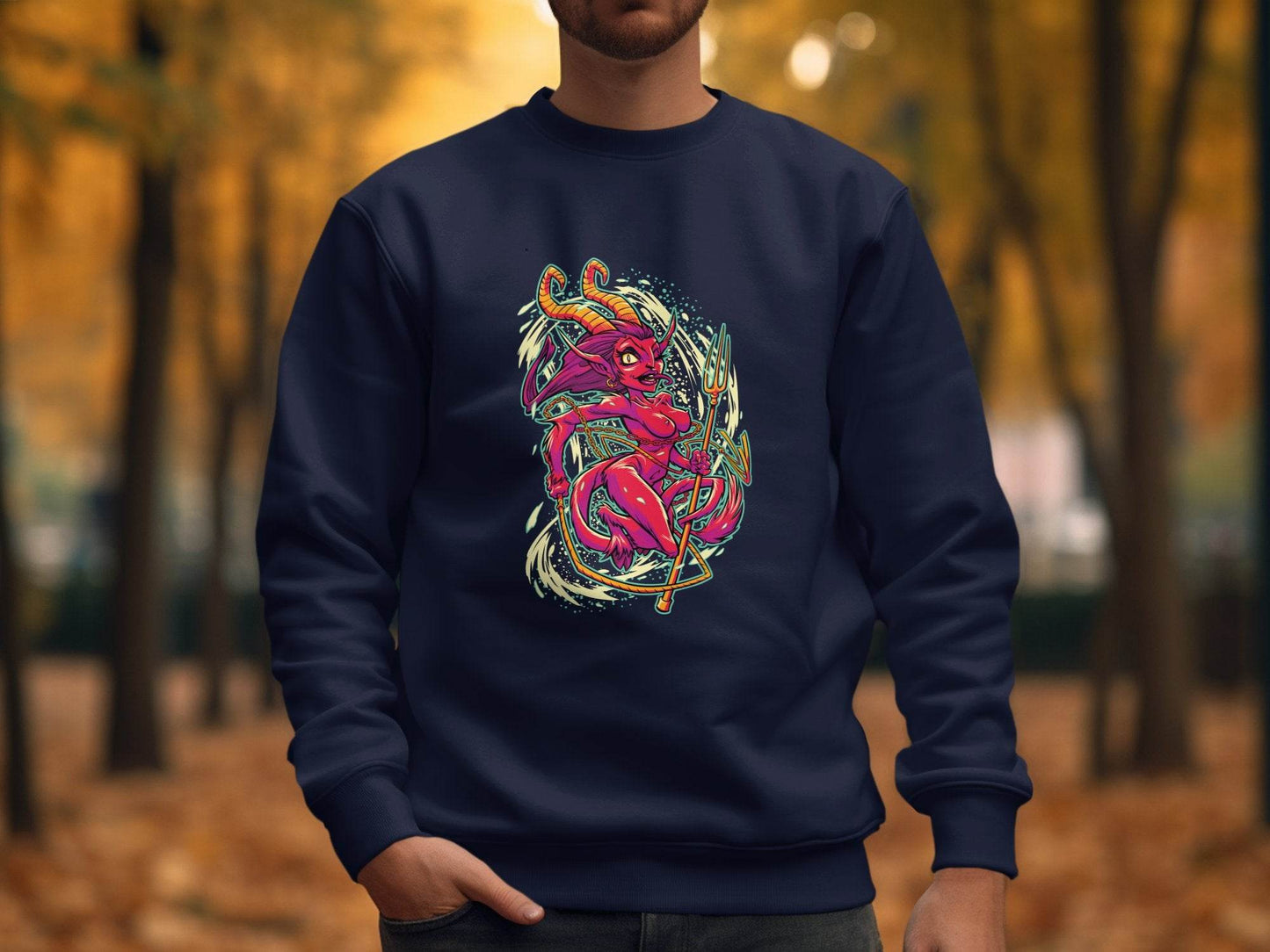 Fiery Temptress Devil Girl Art With A Pitchfork Sweater - Design & Vybe