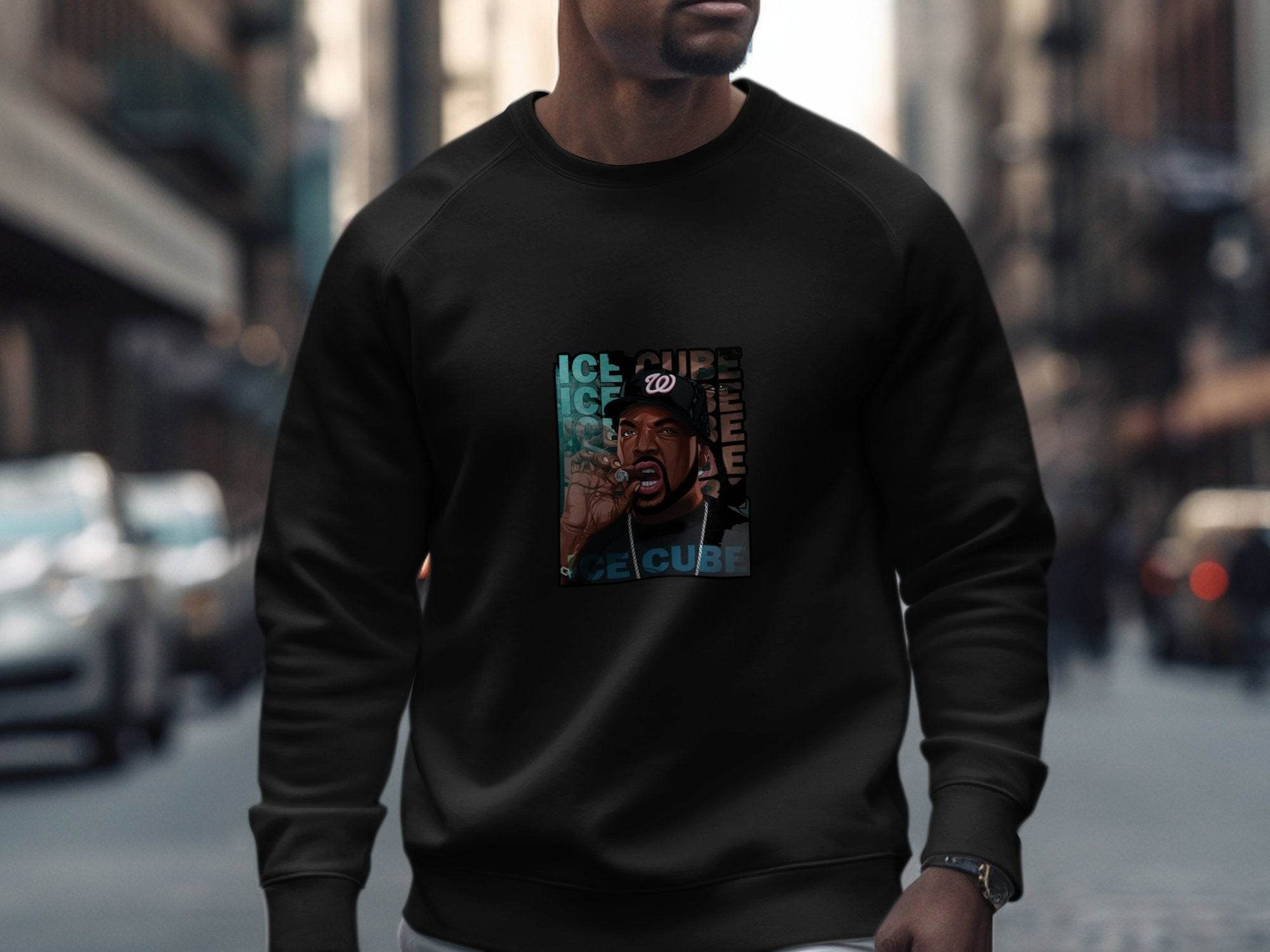 Ice Cube Smoking Cigar with Chain Portrait Art Sweater - Design & Vybe