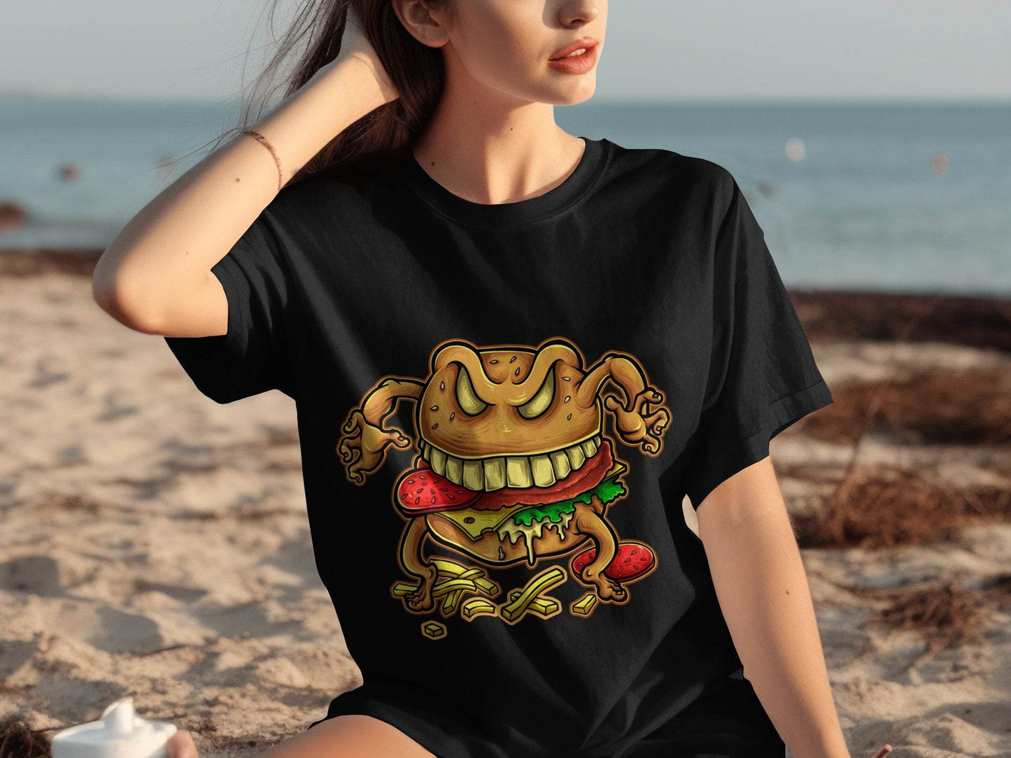 Quirky Cartoon Monster Cheeseburger Graphic T-Shirt - Design & Vybe