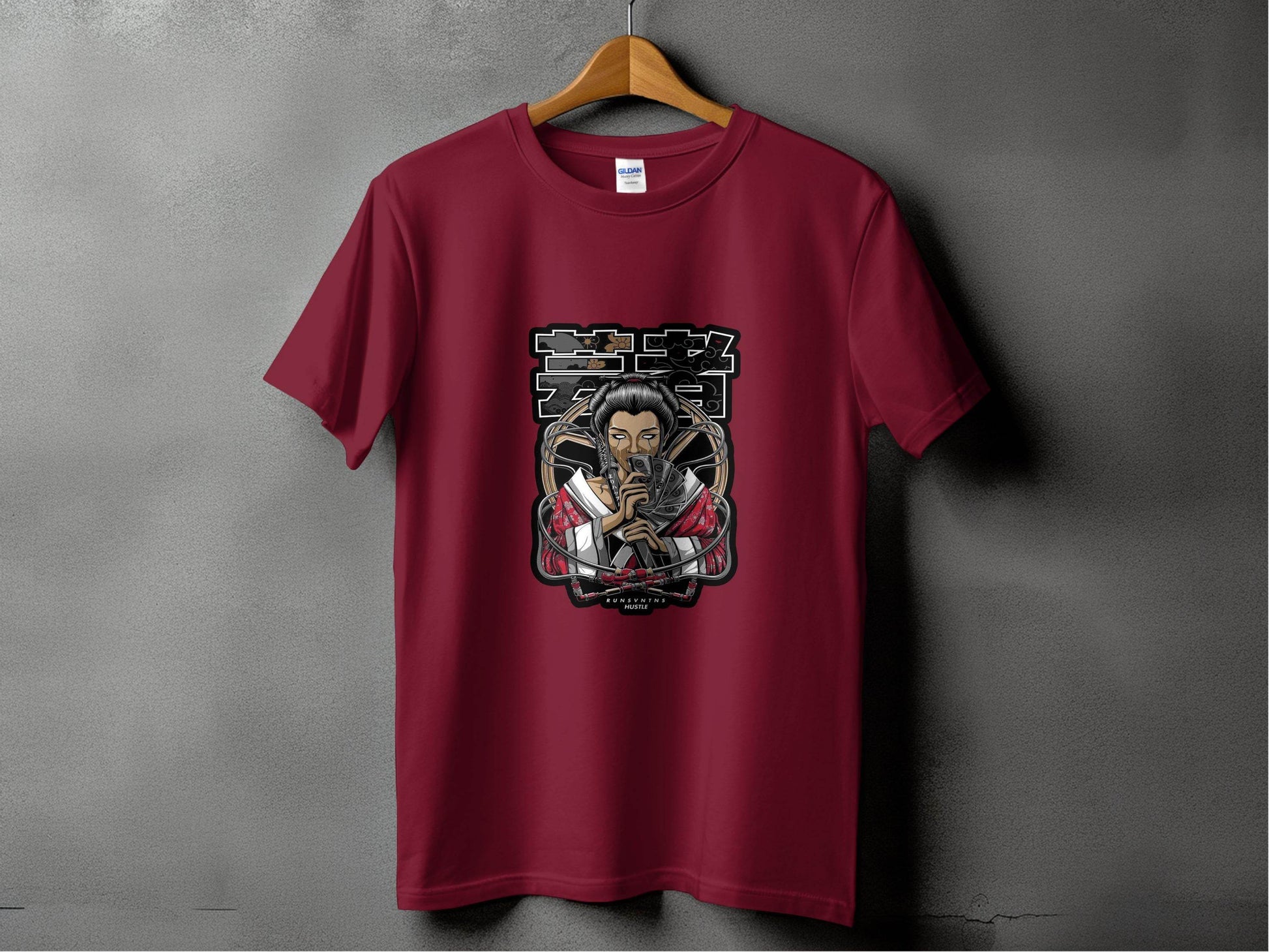 Japanese Geisha with Money Runs Vntns Hustle Print T-Shirt - Design & Vybe