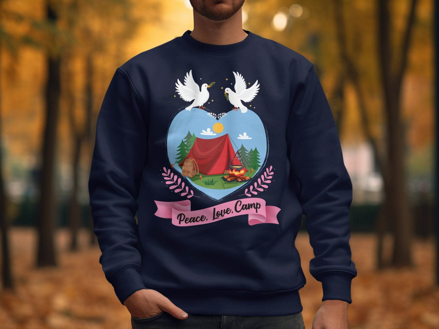 Peace Love Camp Heart and Tent Design Pigeon Art Sweater - Design & Vybe