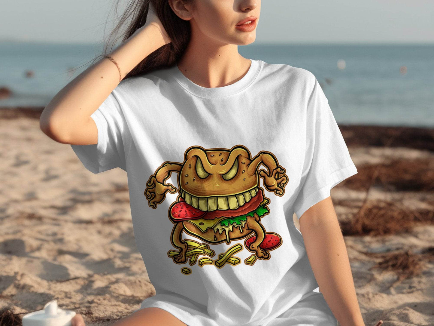 Quirky Cartoon Monster Cheeseburger Graphic T-Shirt - Design & Vybe