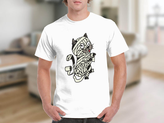Halloween Mummy Cat Wrapped Up In Bandages Funny T-Shirt - Design & Vybe