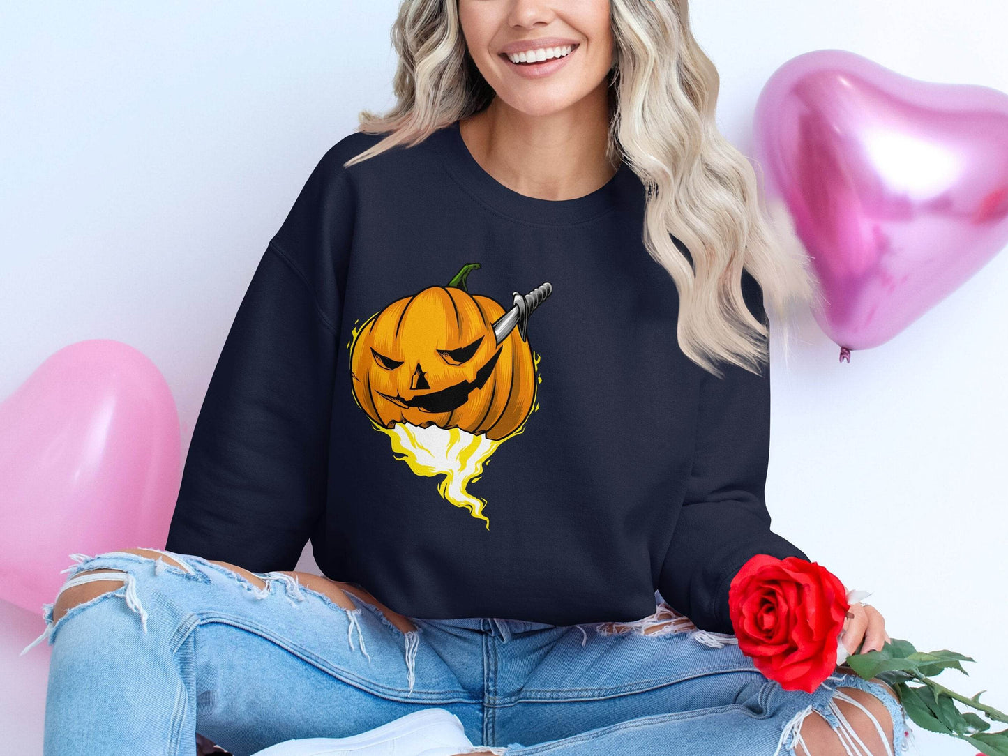 Halloween Pumpkin With Knife Illustration Design Sweater - Design & Vybe