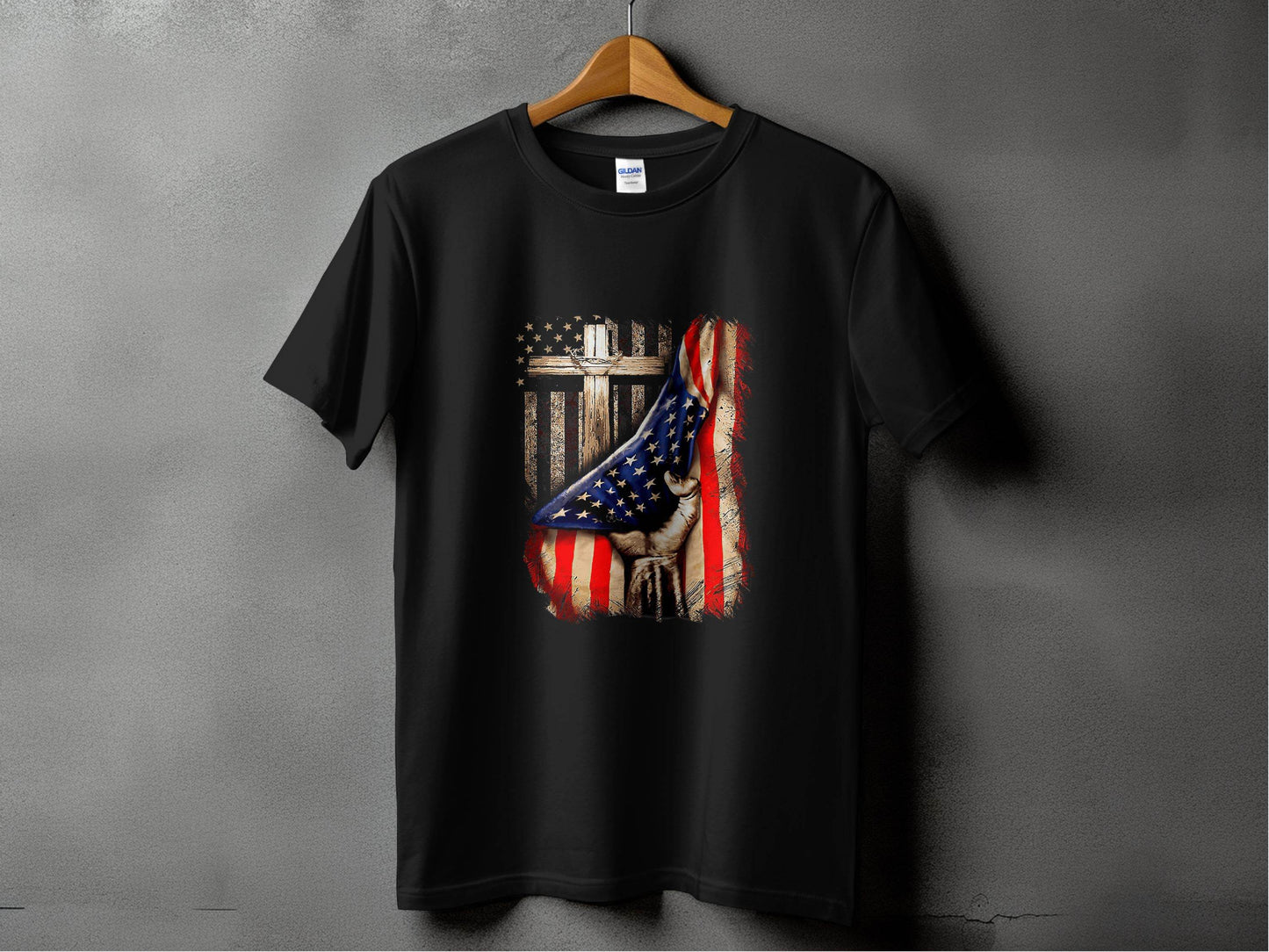 American Flag Plus Cross Held in Hand Design T-Shirt - Design & Vybe