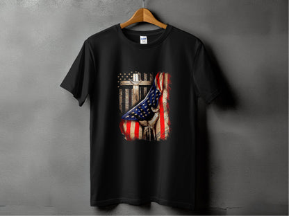 American Flag Plus Cross Held in Hand Design T-Shirt - Design & Vybe
