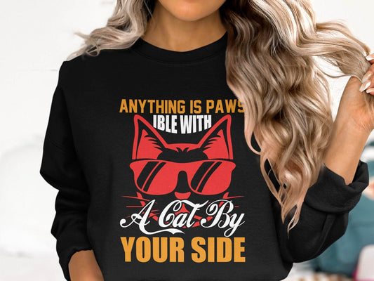 Cool Cat Graphic 'Anything is Paws Your Side' Sweater - Design & Vybe
