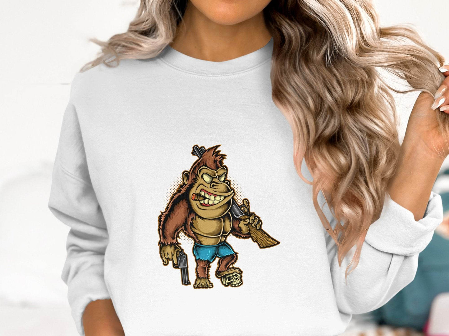 Fierce Smooking Gorilla with Gun Graphic Printed Sweater - Design & Vybe