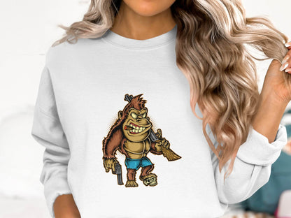 Fierce Smooking Gorilla with Gun Graphic Printed Sweater - Design & Vybe