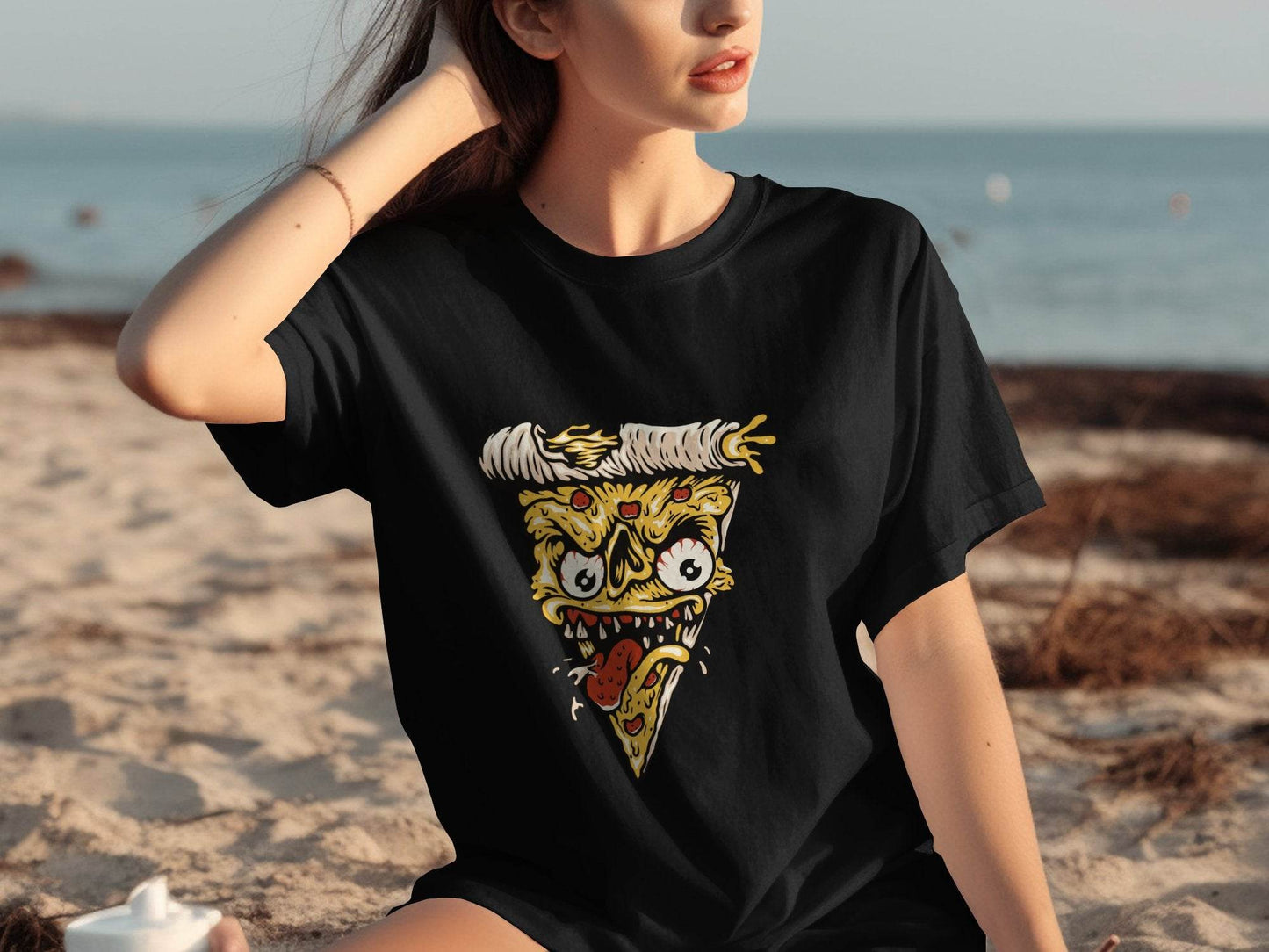 Creepy Pizza Slice with Evil Face Graphic Print T-Shirt - Design & Vybe