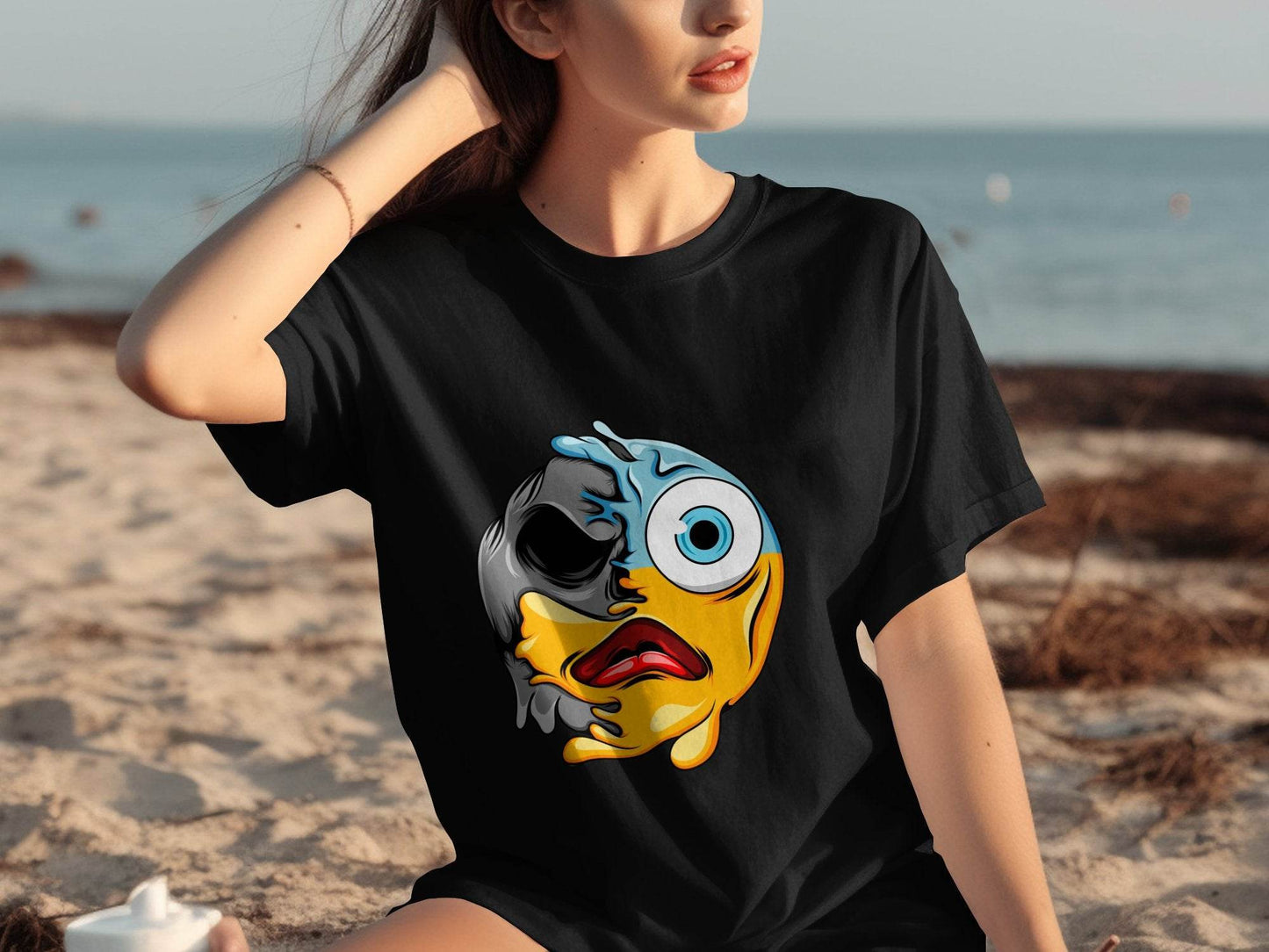 Melting Dual Face Smiley Graphic T-Shirt - Design & Vybe