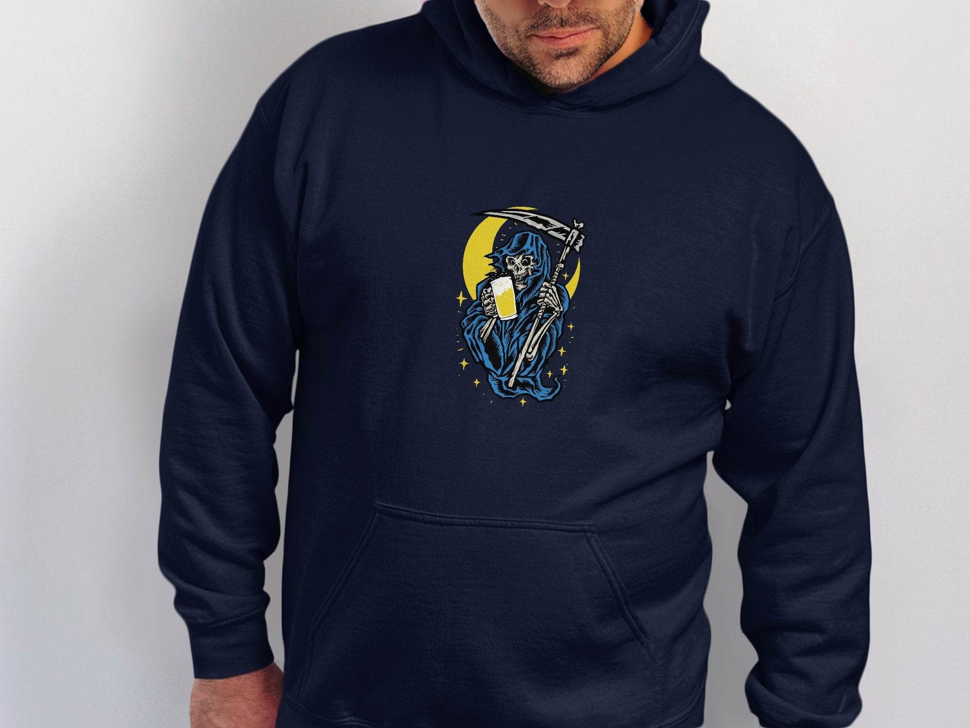 Grim Reaper Holding Beer Glass With Crescent Moon Hoodie - Design & Vybe