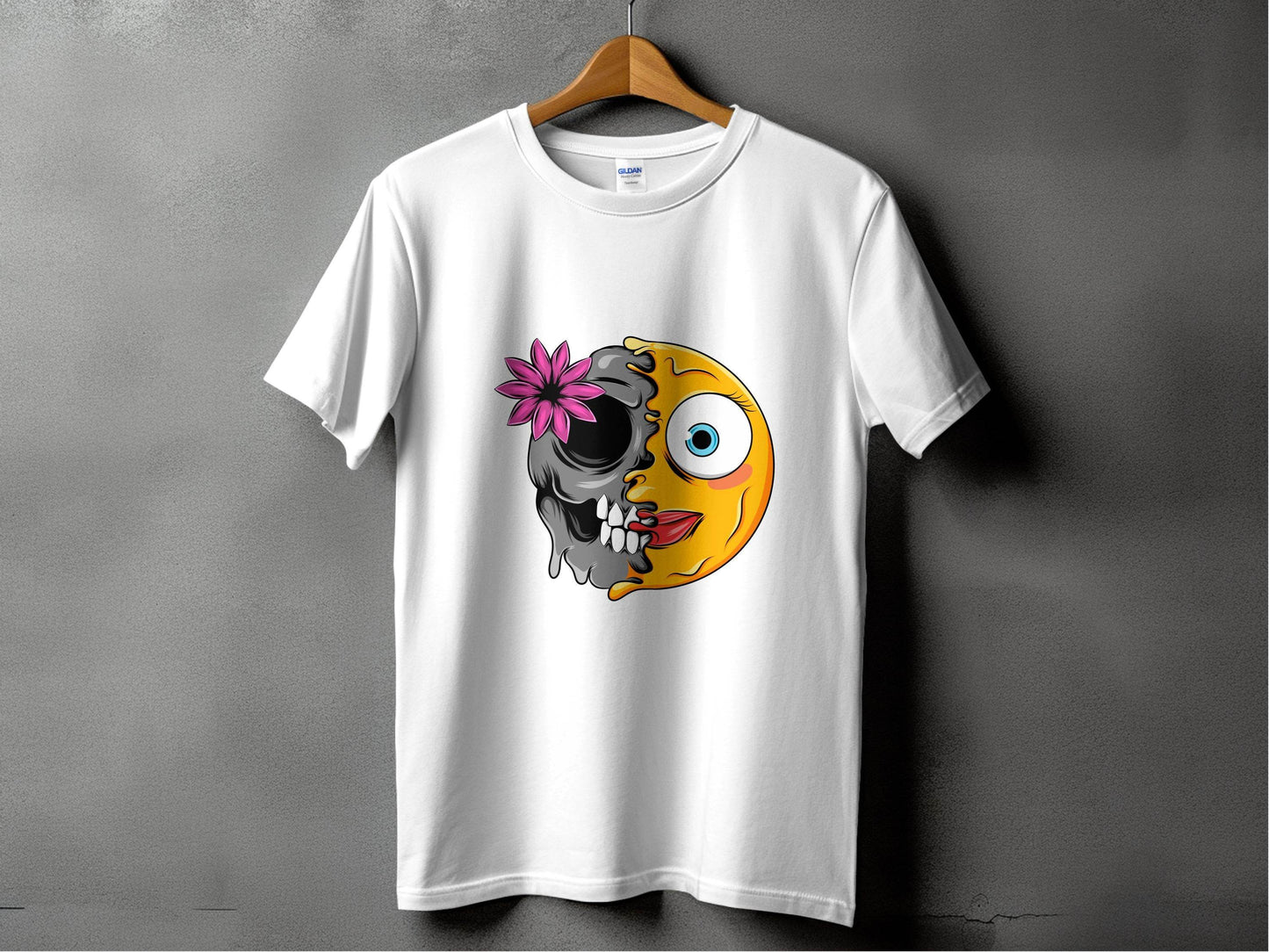 Half Skull and Happy Face Smiley Design T-Shirt - Design & Vybe