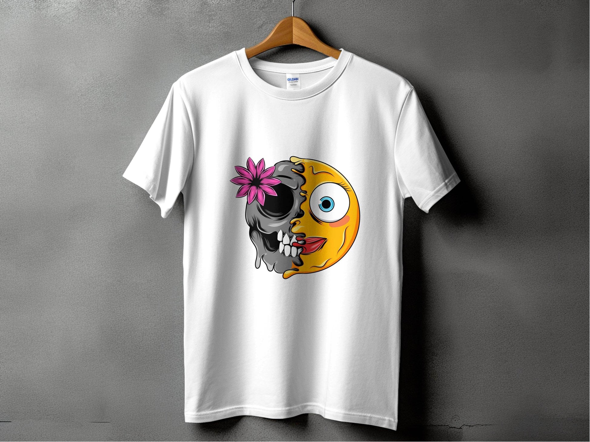 Half Skull and Happy Face Smiley Design T-Shirt - Design & Vybe