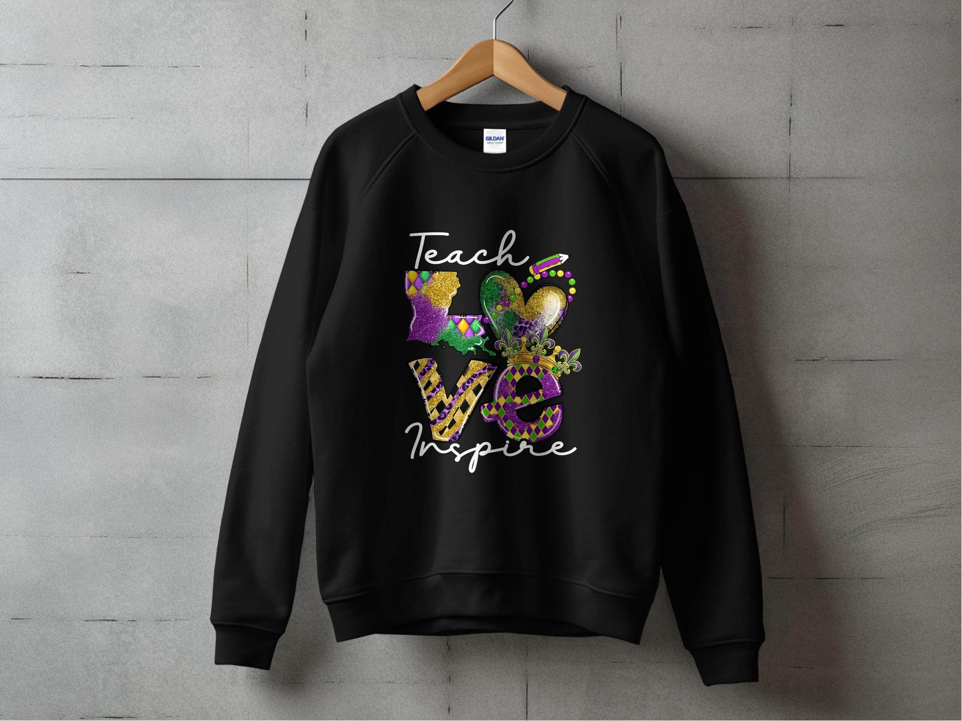 Teach Love Inspire Louisiana Heart Crown Mardi Gras Sweater - Design & Vybe