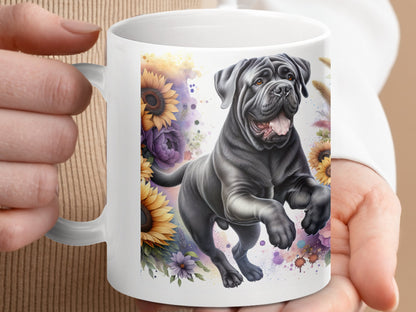 Playful Black Dog with Sunflowers Design Mug product