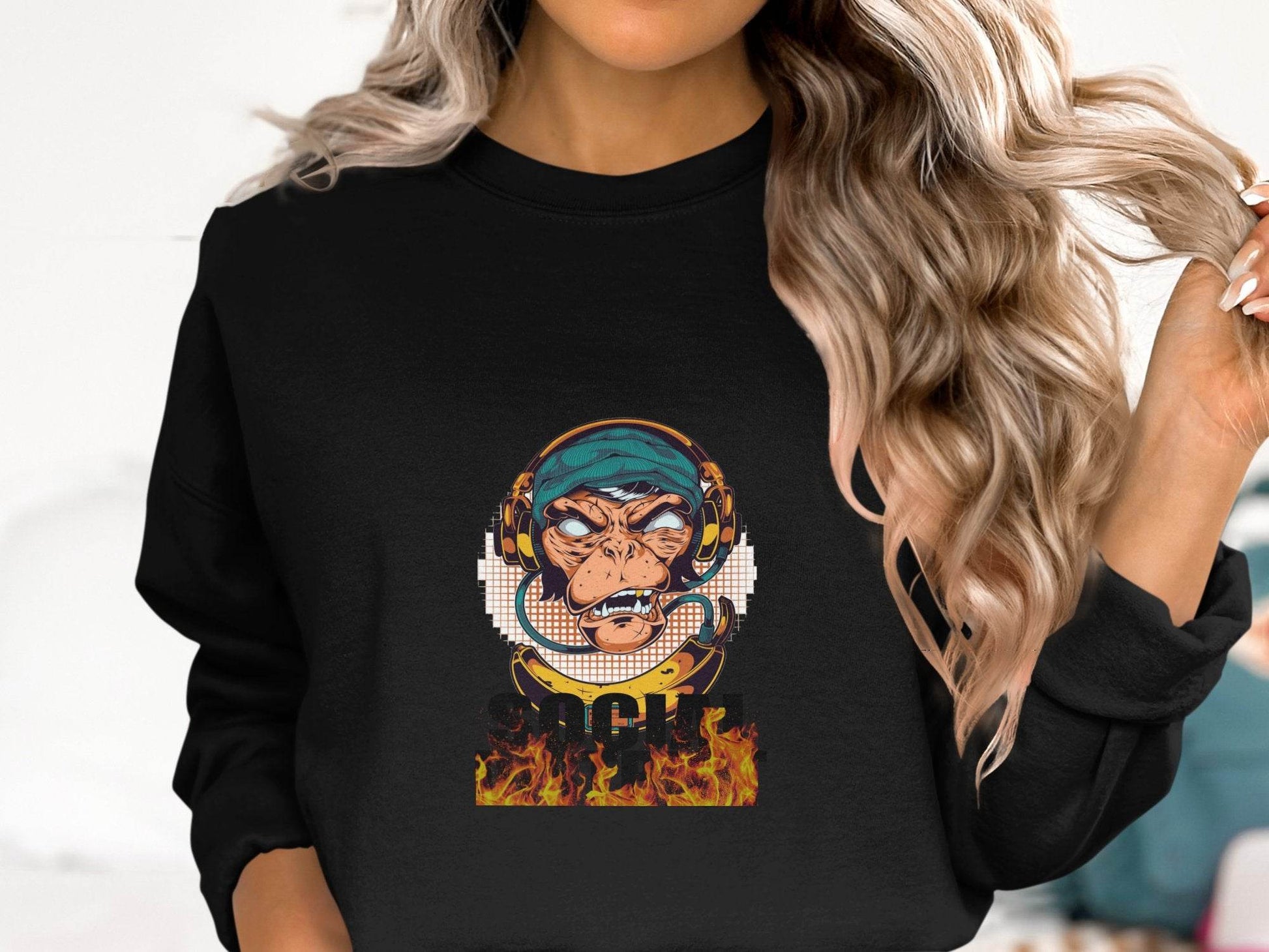 Social District Monkey with Headphones Design Sweater - Design & Vybe