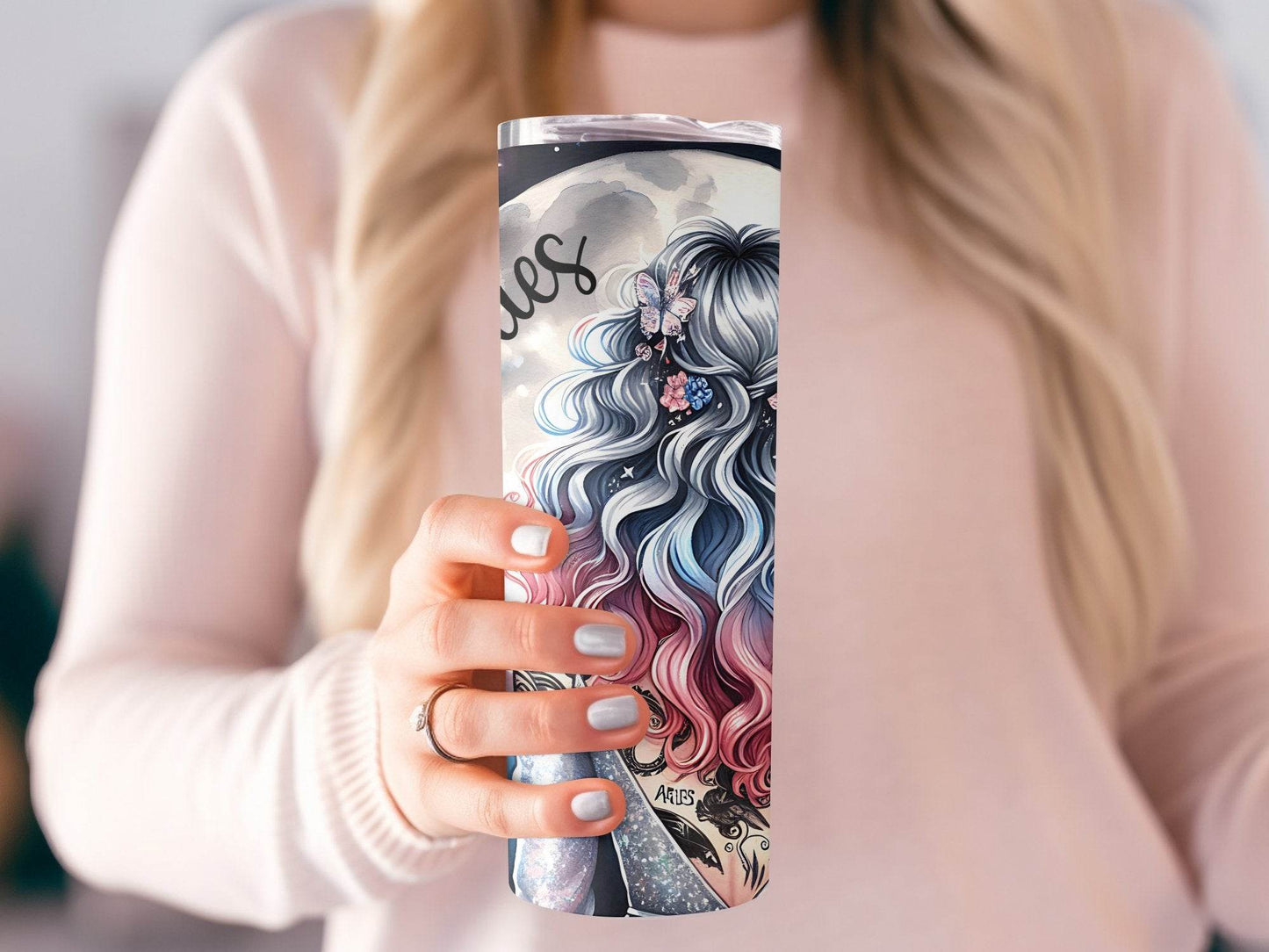 Aries Zodiac Sign Woman In Front Of The Moon Art Tumbler - Design & Vybe