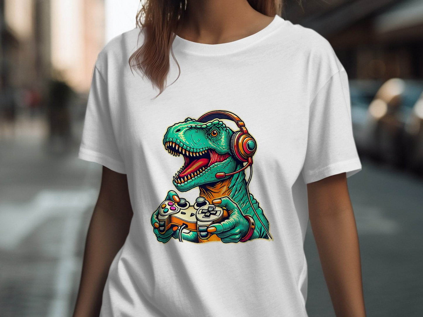 Gaming Dinosaur Retro Controller Funny Gamer Design T-Shirt - Design & Vybe