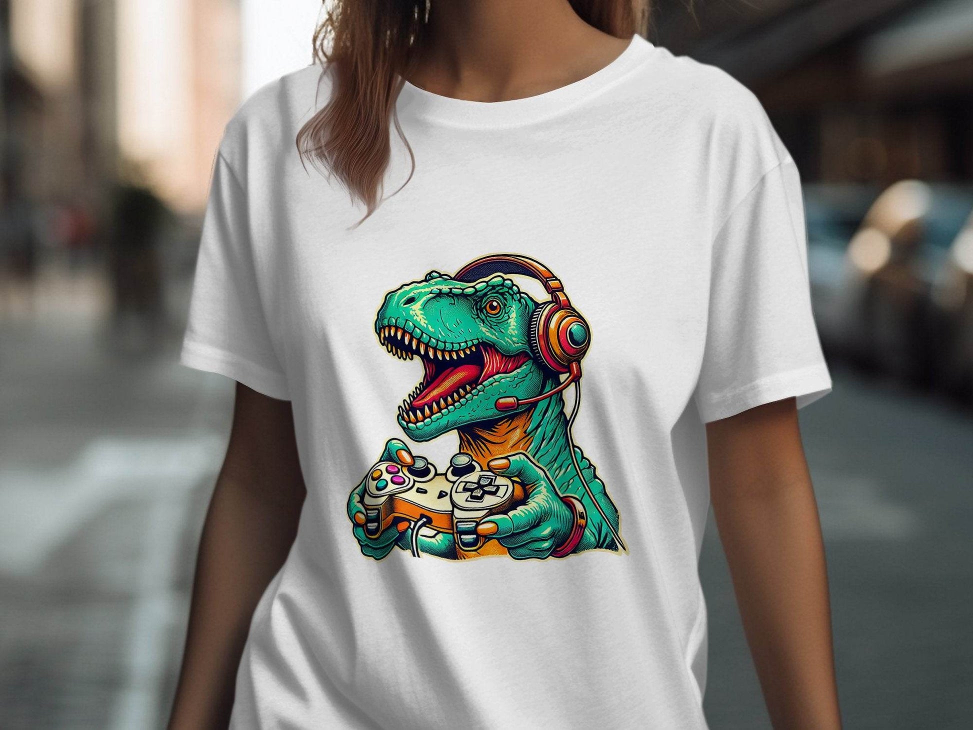 Gaming Dinosaur Retro Controller Funny Gamer Design T-Shirt - Design & Vybe