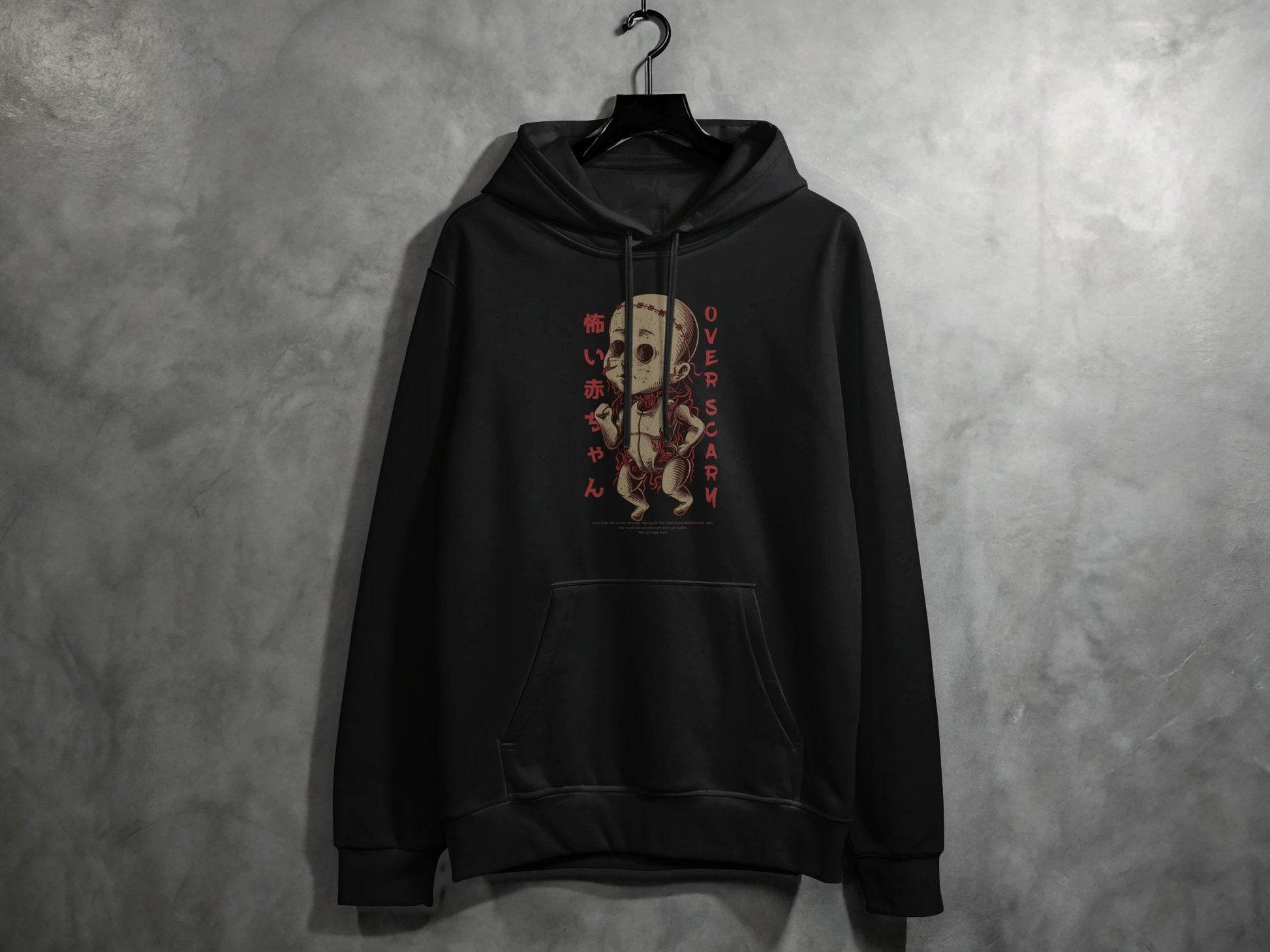 Scary Doll with Japanese Text Design Trendy Over Scary Hoodie - Design & Vybe