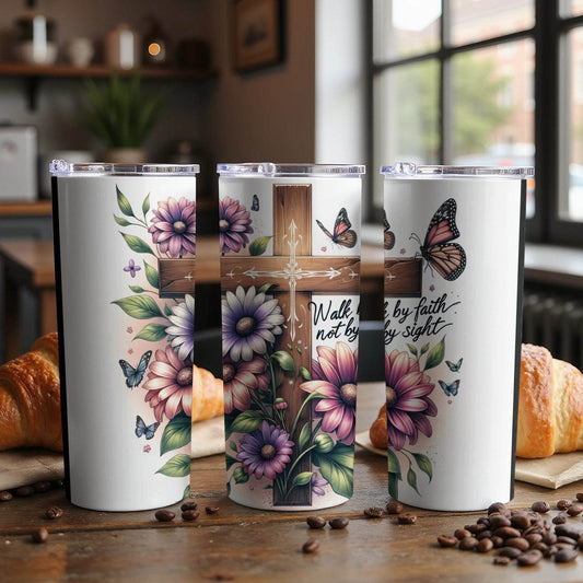 Walk By Faith Cross With Flowers And Butterflies Tumbler - Design & Vybe