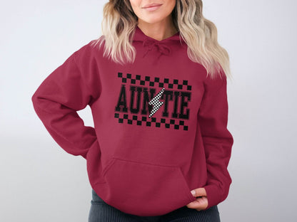 Auntie with Checkered Lightning Bolt Graphic Hoodie - Design & Vybe