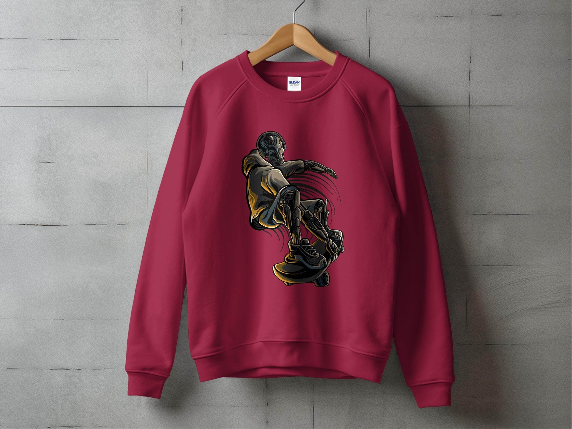 Futuristic Robot Skateboarding Graphic on Trendy Sweater - Design & Vybe