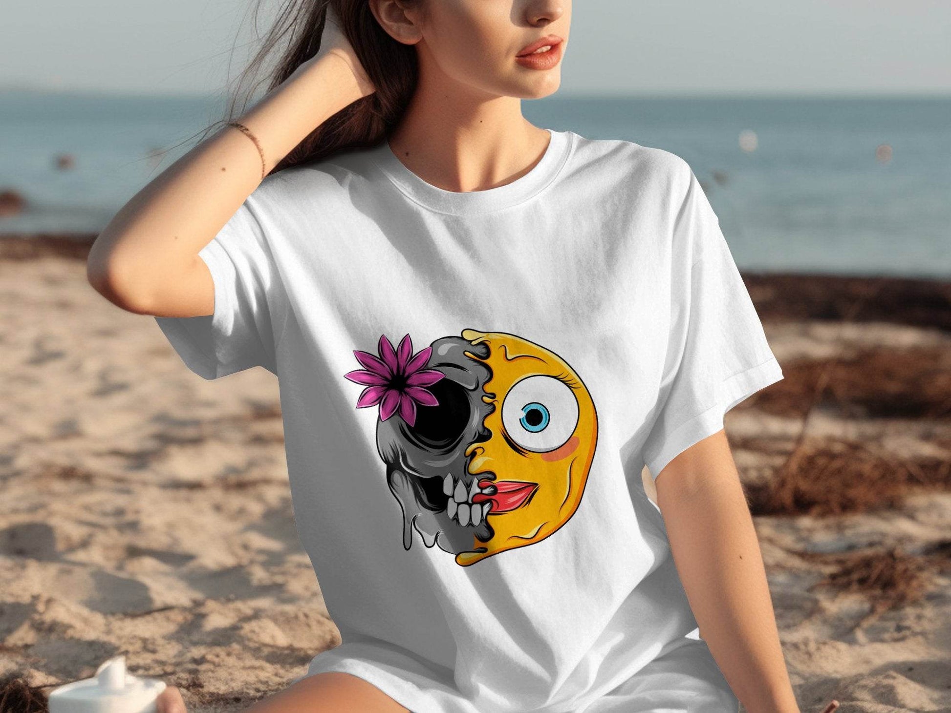 Half Skull and Happy Face Smiley Design T-Shirt - Design & Vybe