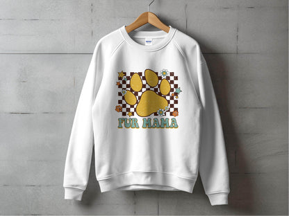 Fur Mama Paw Print Stars Flowers Checkered Pattern Sweater - Design & Vybe