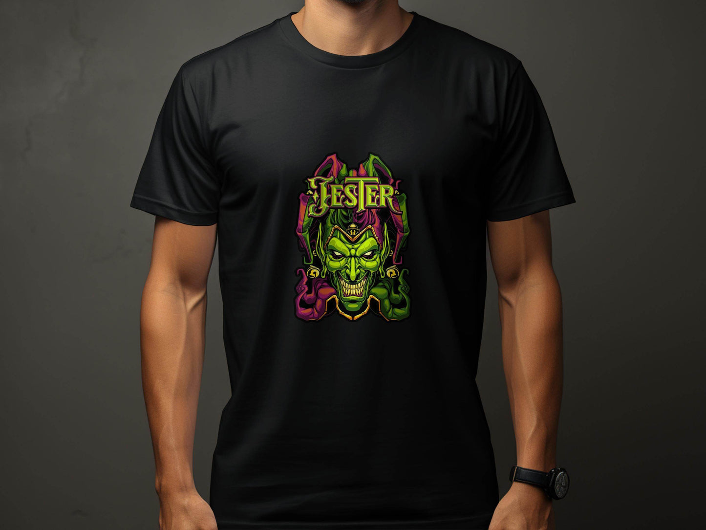 Wicked Jester Graphic Green Purple Gold Artwork T-Shirt - Design & Vybe