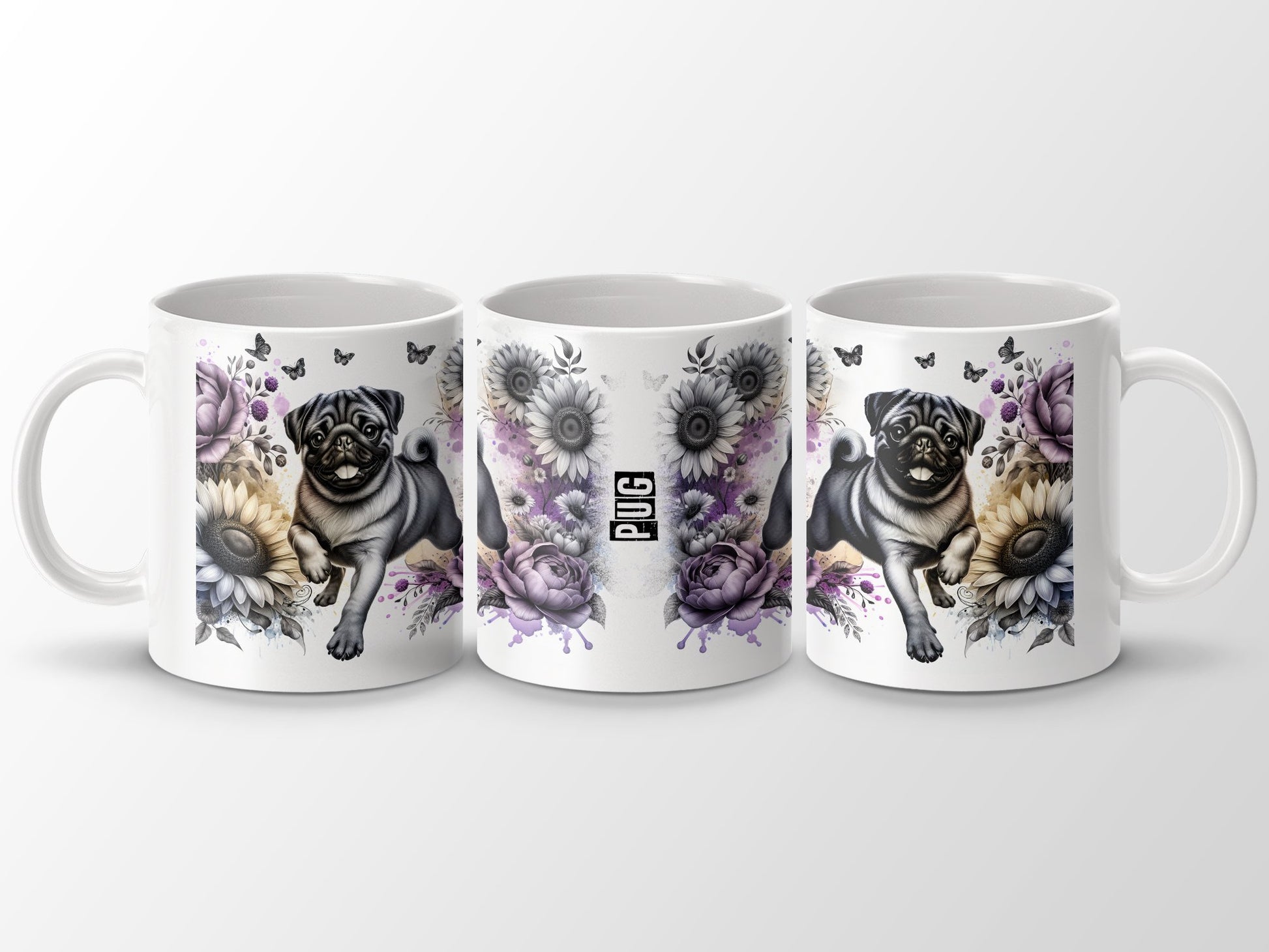 Adorable Pug with Flowers and Butterflies Mug product