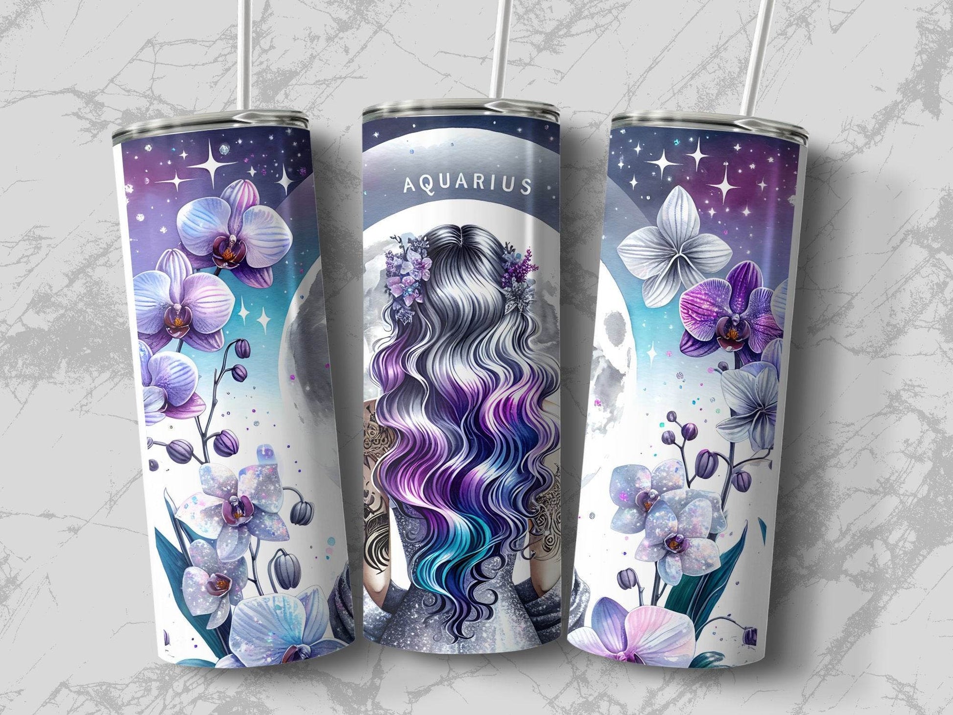 Aquarius Zodiac Sign Woman Full Moon Floral Tattoo Design Tumbler - Design & Vybe