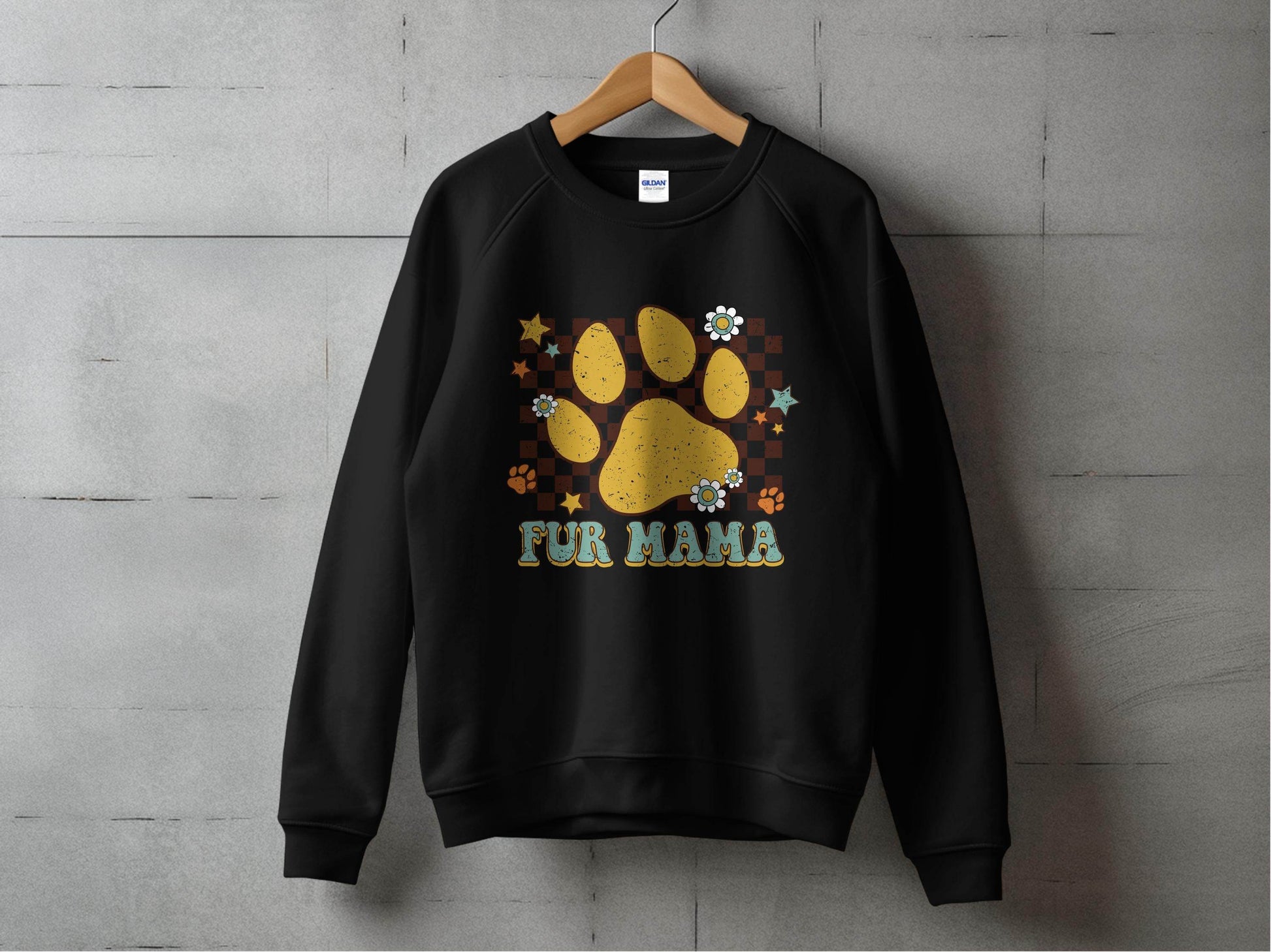 Fur Mama Paw Print Stars Flowers Checkered Pattern Sweater - Design & Vybe