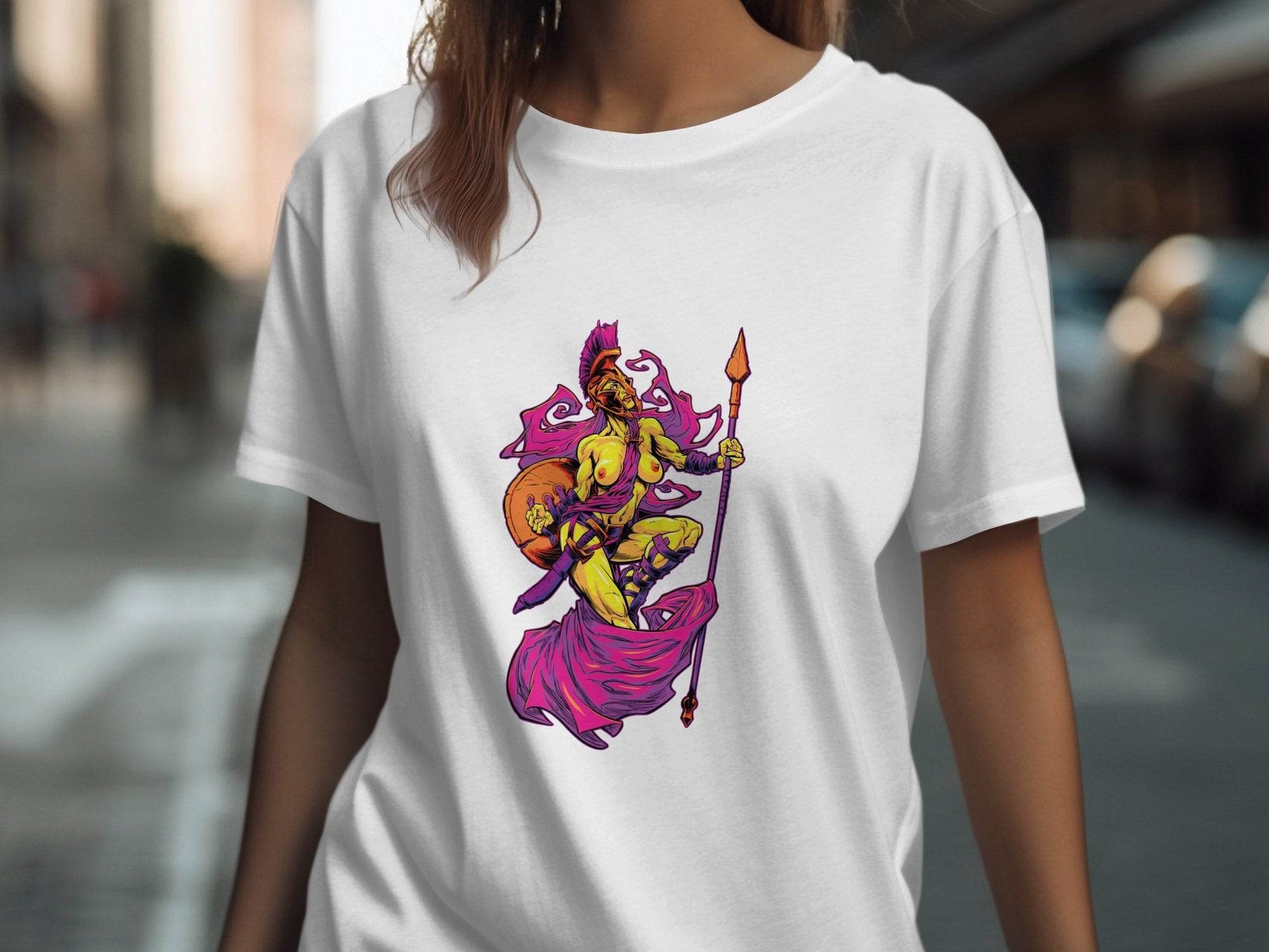 Striking Female Warrior with Spear Graphic Art T-Shirt - Design & Vybe
